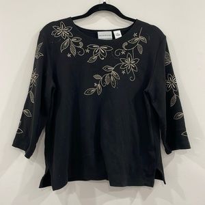 Alfred Dunner petite medium black embroidered with gold 3/4 sleeve T